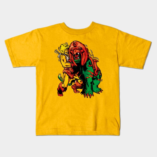 He-Man and Battle Cat Kids T-Shirt by japonesvoador